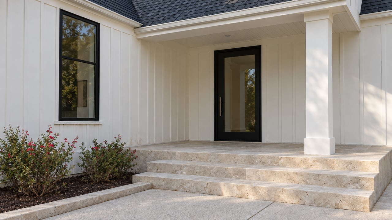 White board-and-batten home entry with black-framed glazing, broad limestone steps and a small red-flowering sage bed.