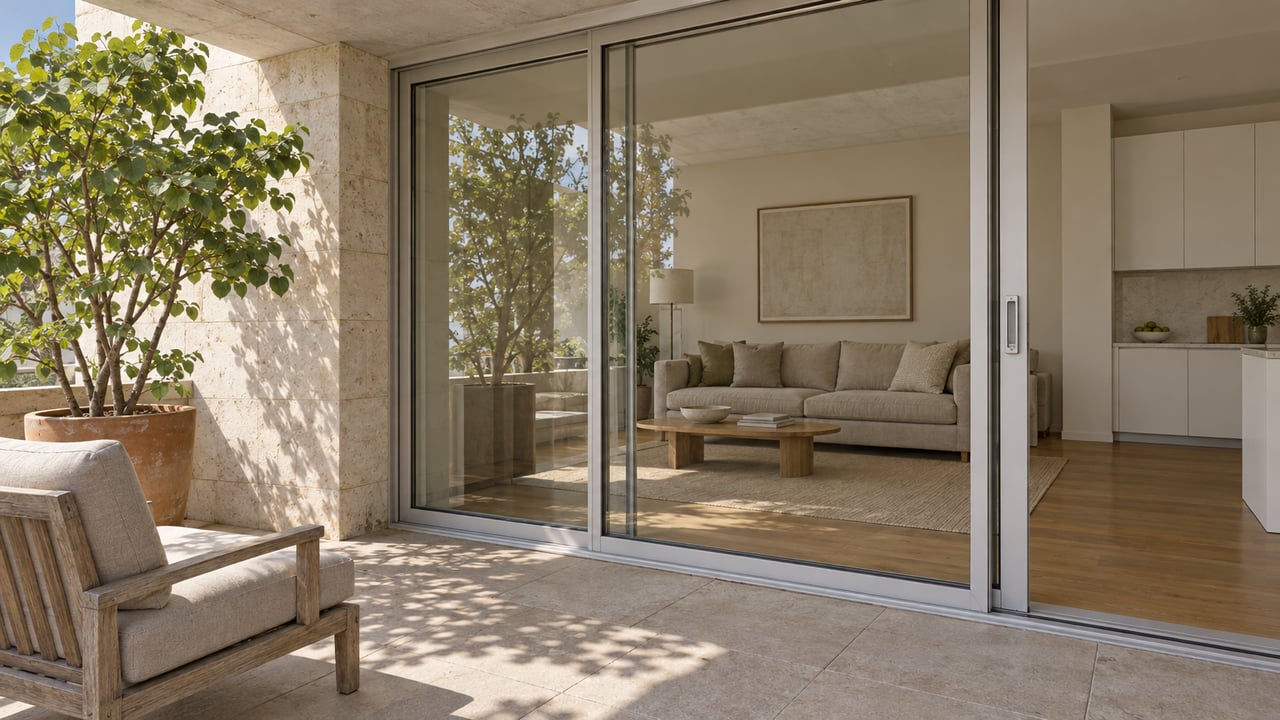 Covered stone-and-glass residential terrace with a teak chair, a potted redbud, and a bright living room behind closed sliding doors.