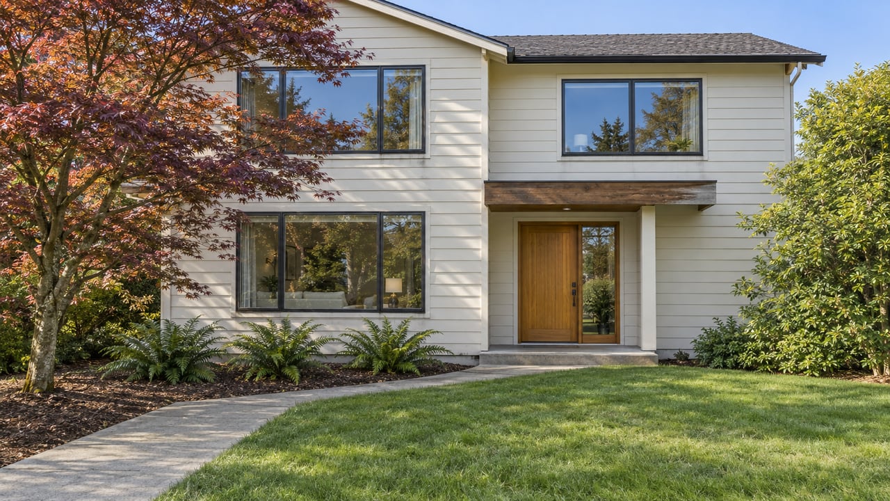 Two-story cream-sided home with dark-framed windows, a wood entry and a deep lawn beneath a sculptural Japanese maple.