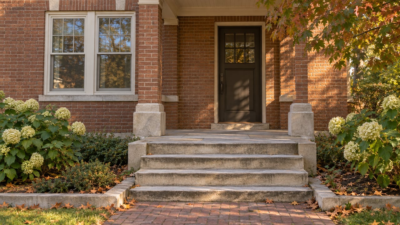 Russet-brick house with a recessed dark bronze entry, limestone steps, double-hung windows, and hydrangeas.