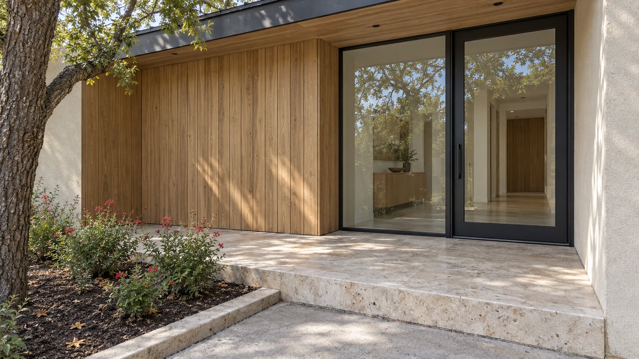 Modern sheltered entry with warm wood siding, black-framed glass and a limestone step beside flowering sage and a mature oak.