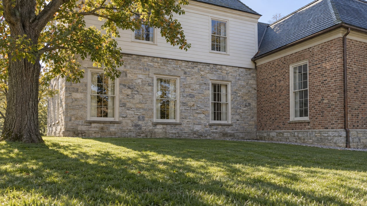Sunlit limestone and brick estate wing above a broad sloping lawn, framed by a mature oak.