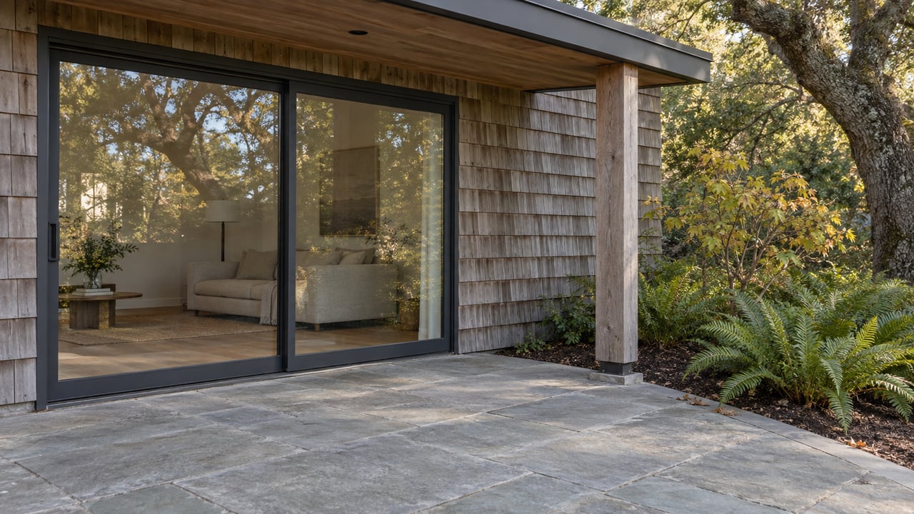 Weathered cedar home with a glazed garden doorway opening visually onto a sandstone terrace beside an oak and ferns.