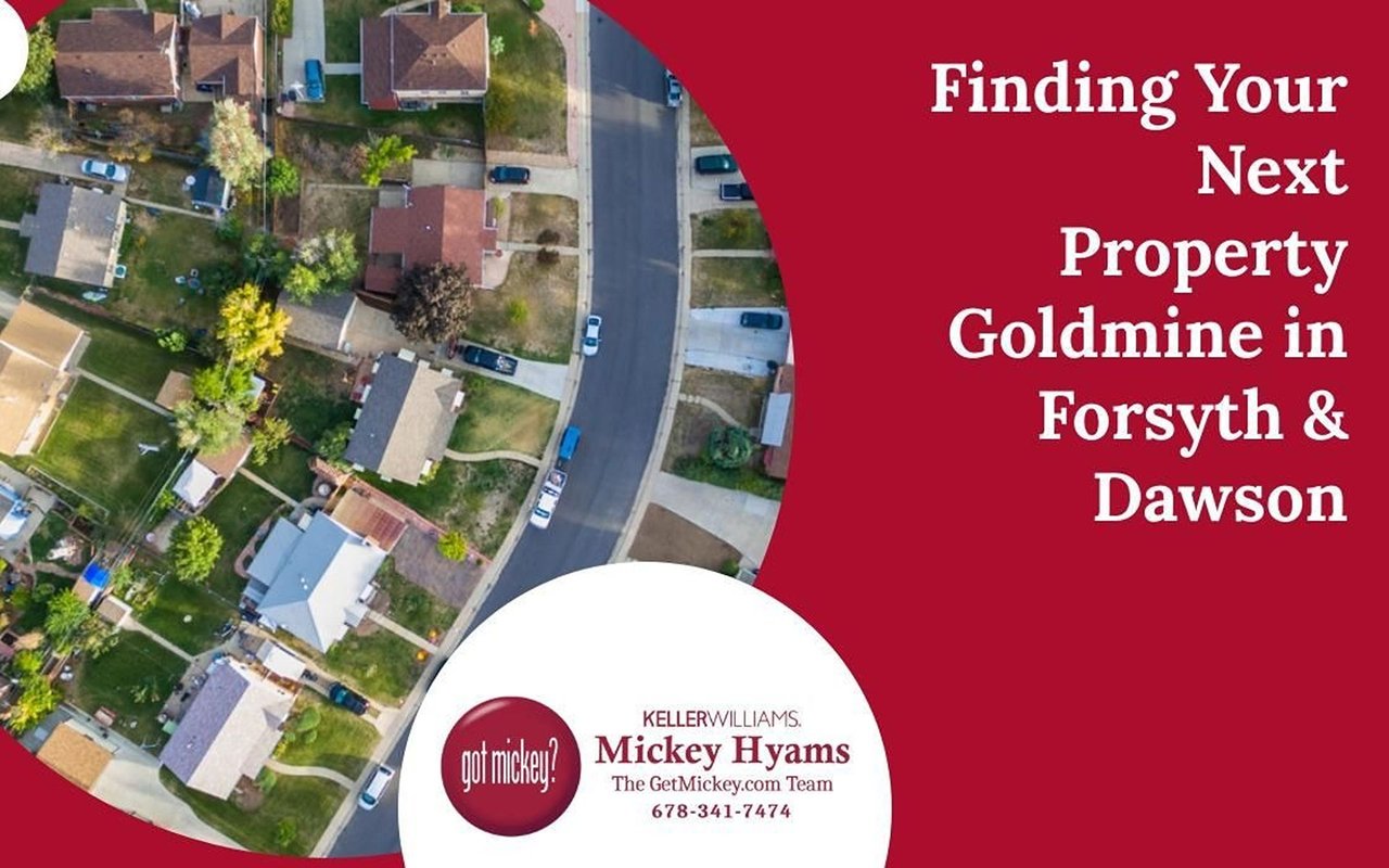 Finding Your Next Property Goldmine in Forsyth & Dawson, with an aerial neighborhood view and Keller Williams branding.