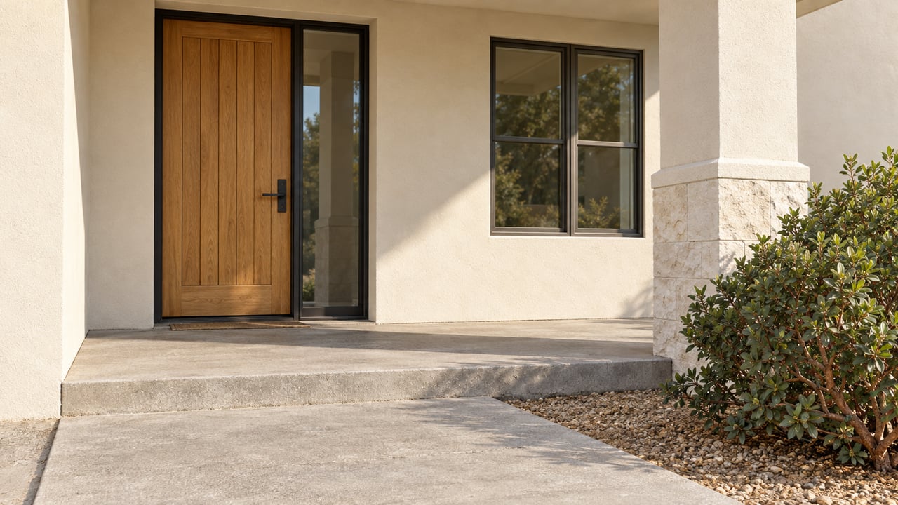 Sunlit cream-stucco home entry with an oak door, pale stone porch pier and red-barked evergreen shrub beside a concrete walkway.