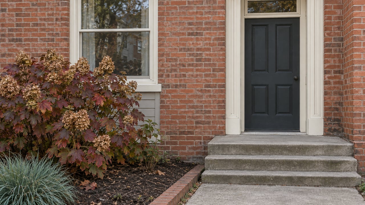 Traditional brick home entrance with a charcoal door, ivory sash window, worn concrete steps, and autumn oakleaf hydrangea.