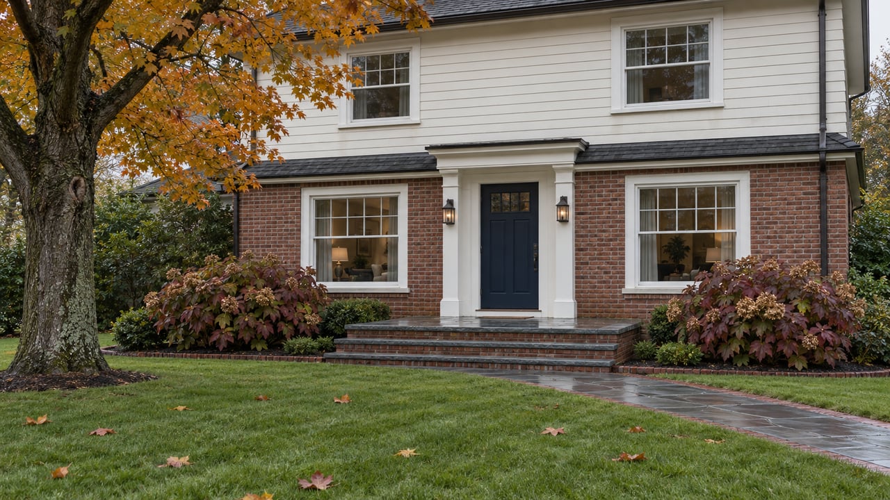 Two-story brick-and-siding house with a dark blue door, wet walkway, and autumn foliage.
