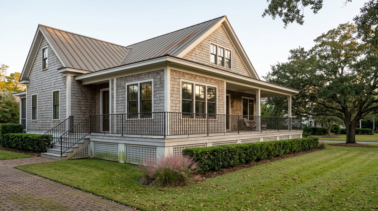 Elevated gray-shingle coastal home with a full-width porch, broad live oak, clipped hedge, and paver drive.