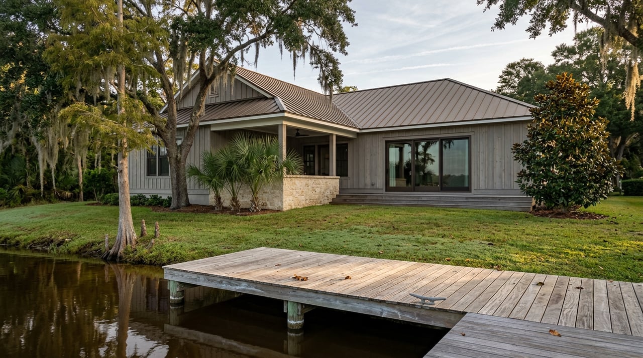A weathered wooden dock crosses dark water toward a raised gray waterfront home beneath live oaks.