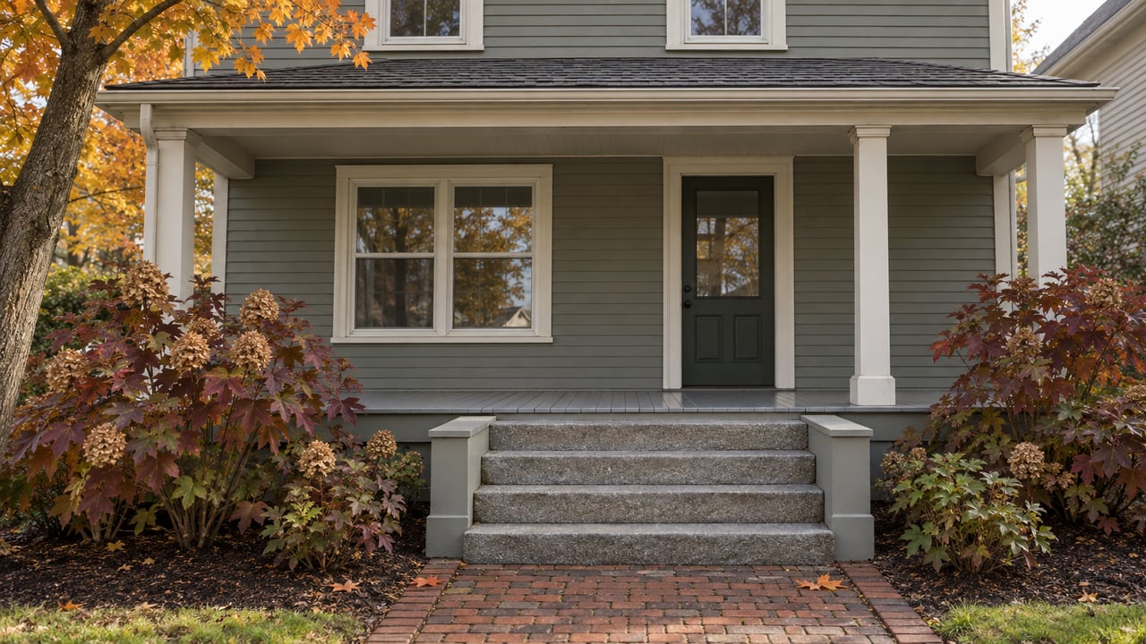 Gray-green clapboard house with an ivory-trimmed covered porch, worn granite steps, and autumn hydrangeas beside a brick approach.