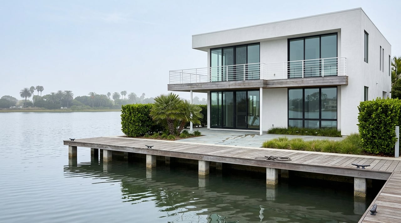 Waterfront home with a glass-fronted deck beyond a pier, calm water, and palm trees along the opposite shore.