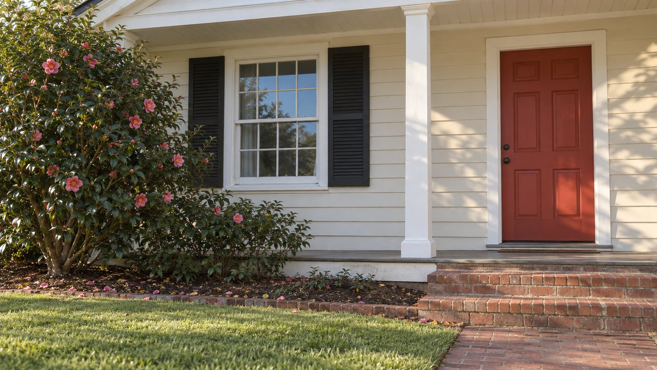 Cream-sided house entry with a red paneled door, brick steps, and a camellia beside the lawn.