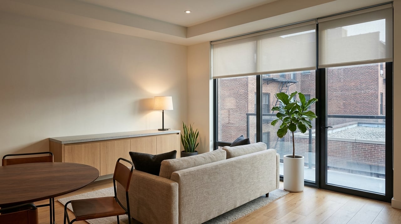 Modern apartment interior with oak built-ins, steel-framed window, warm table lamp, and brick fire escape.