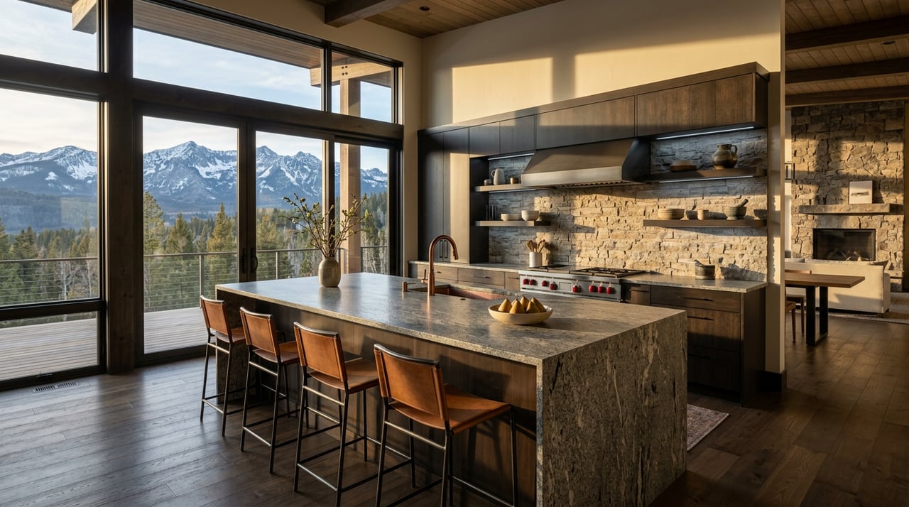 Mountain-home kitchen with a veined quartzite island, walnut cabinetry, stone mosaic backsplash, and pine trees beyond the glazing.