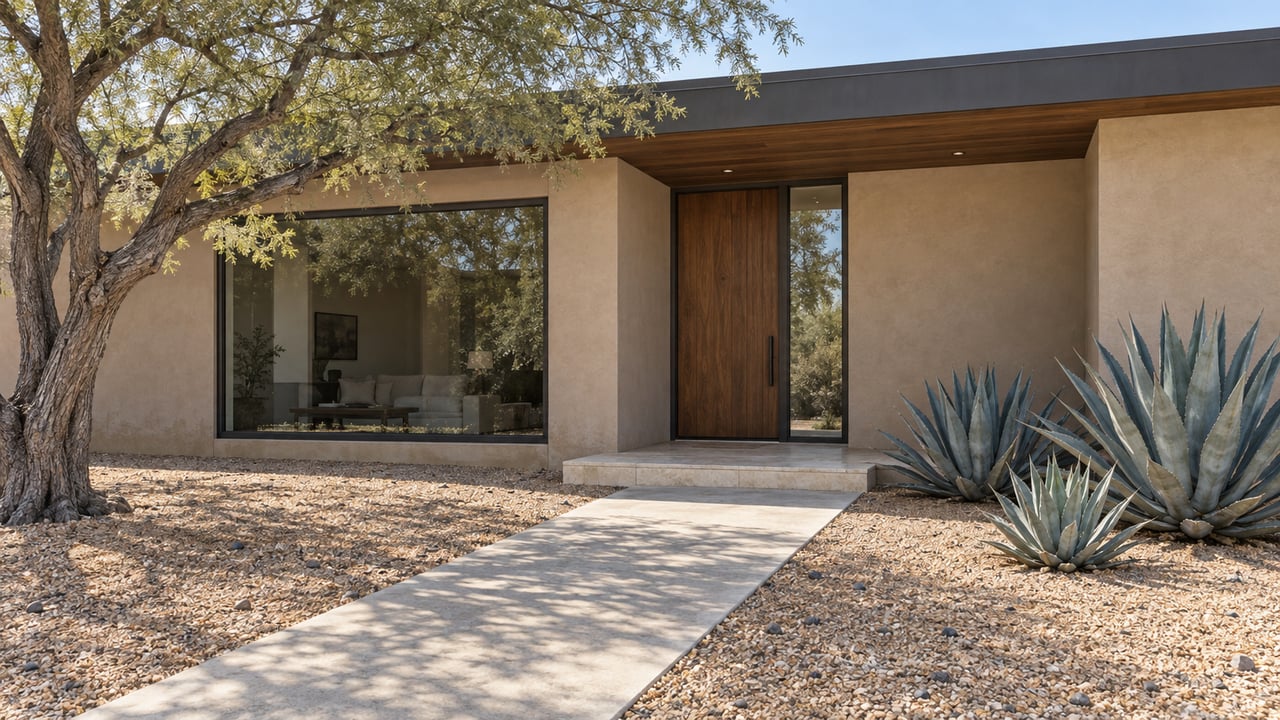 A low stucco home with a shaded wood entry, bronze-framed glass, and a gravel garden containing an ironwood tree and three agaves.