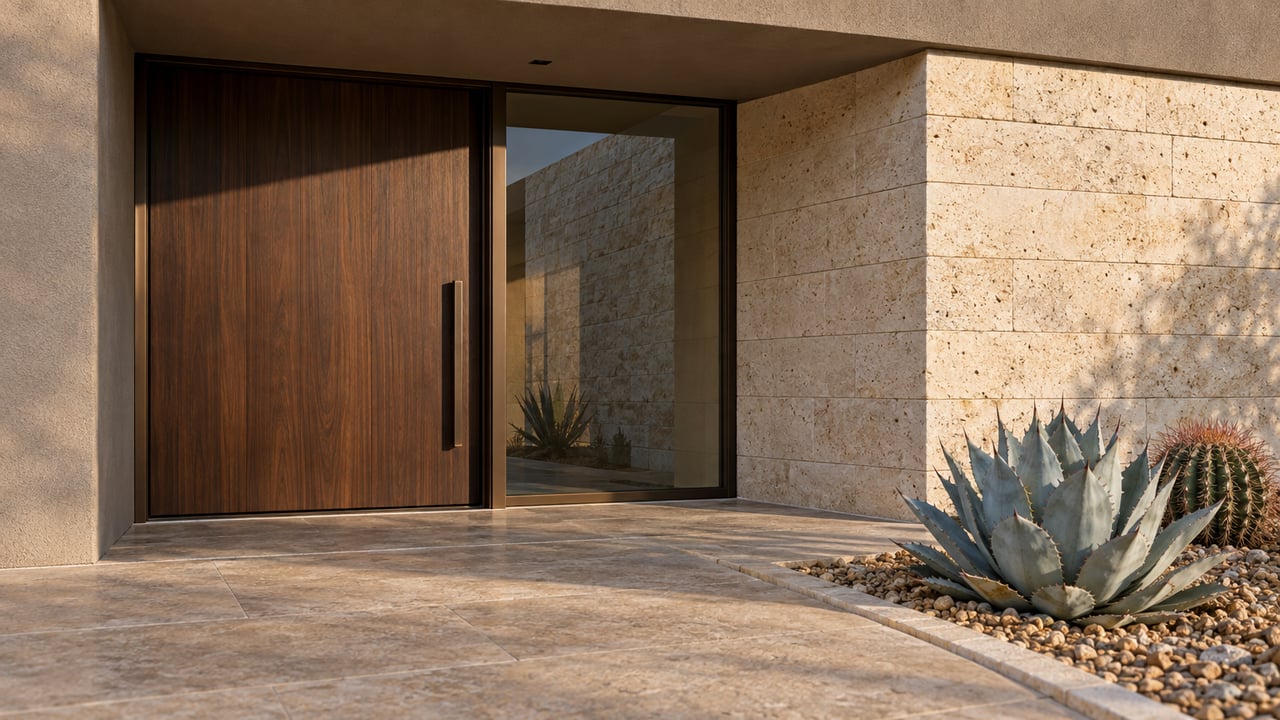 Warm evening light on a recessed walnut entrance, limestone wall and sculptural agave beside a broad stone landing.