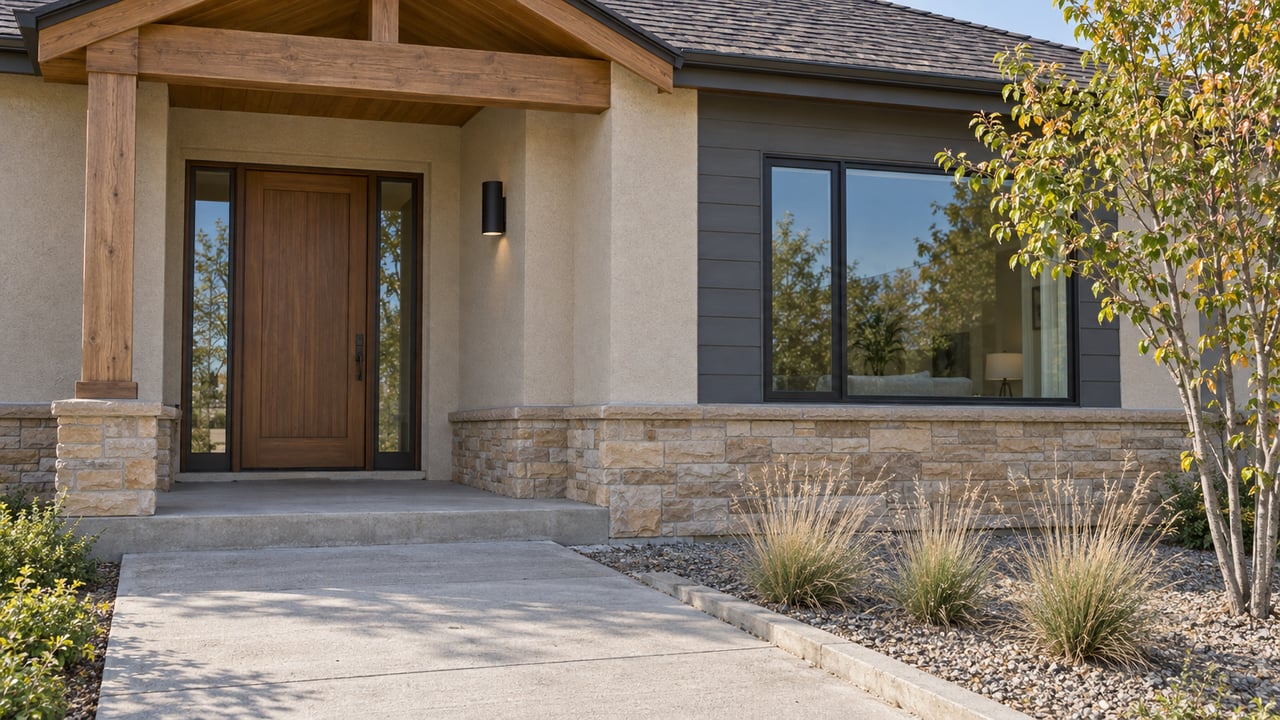 Close view of a stucco home with a timber-covered entry, sandstone base, dark-framed window, and drought-adapted planting.