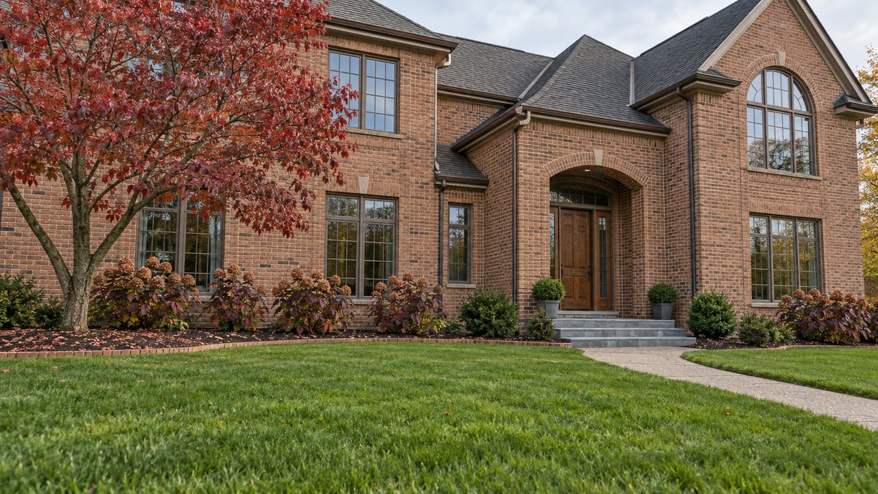 Broad brick home with a recessed arched entry, generous lawn and red autumn dogwood foliage.
