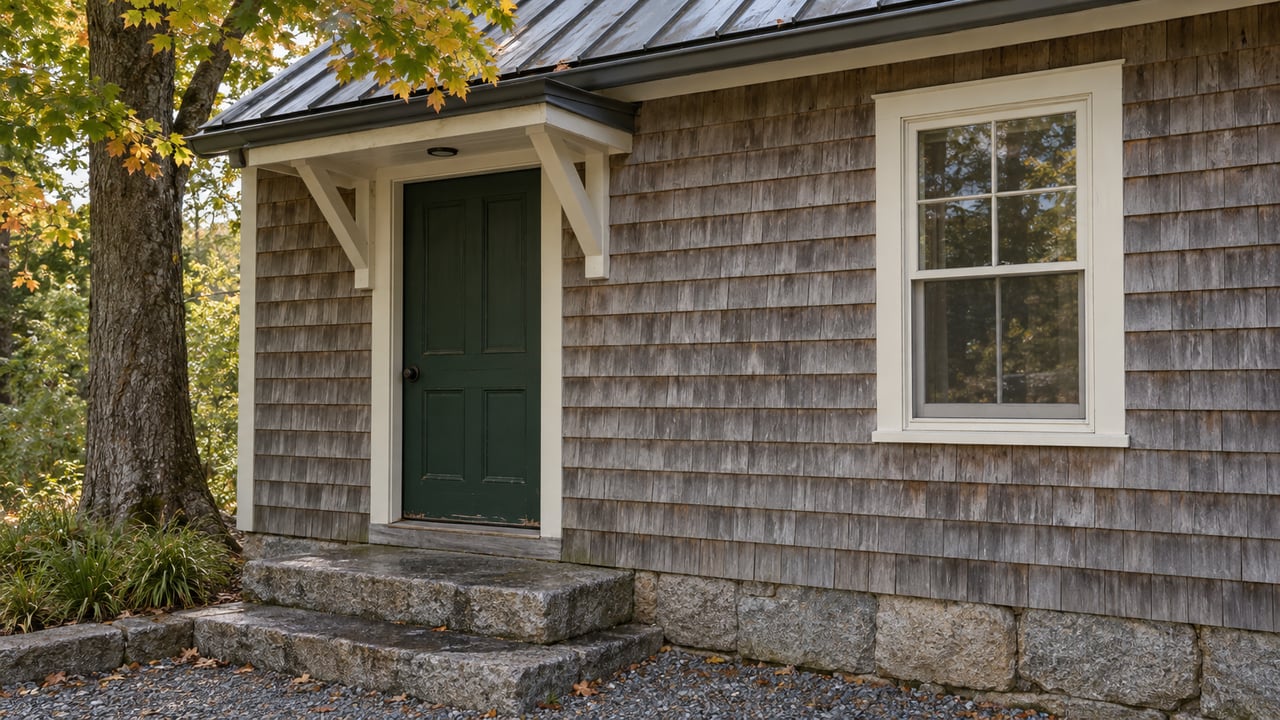 Cottage entry with a deep-green door, gray cedar shingles, granite steps, and a maple at the left.