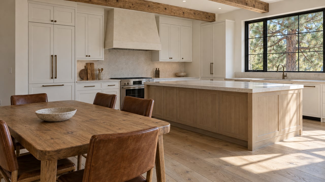 Sunlit kitchen and dining room with oak cabinetry, a pale quartz island, timber beams and leather dining chairs.