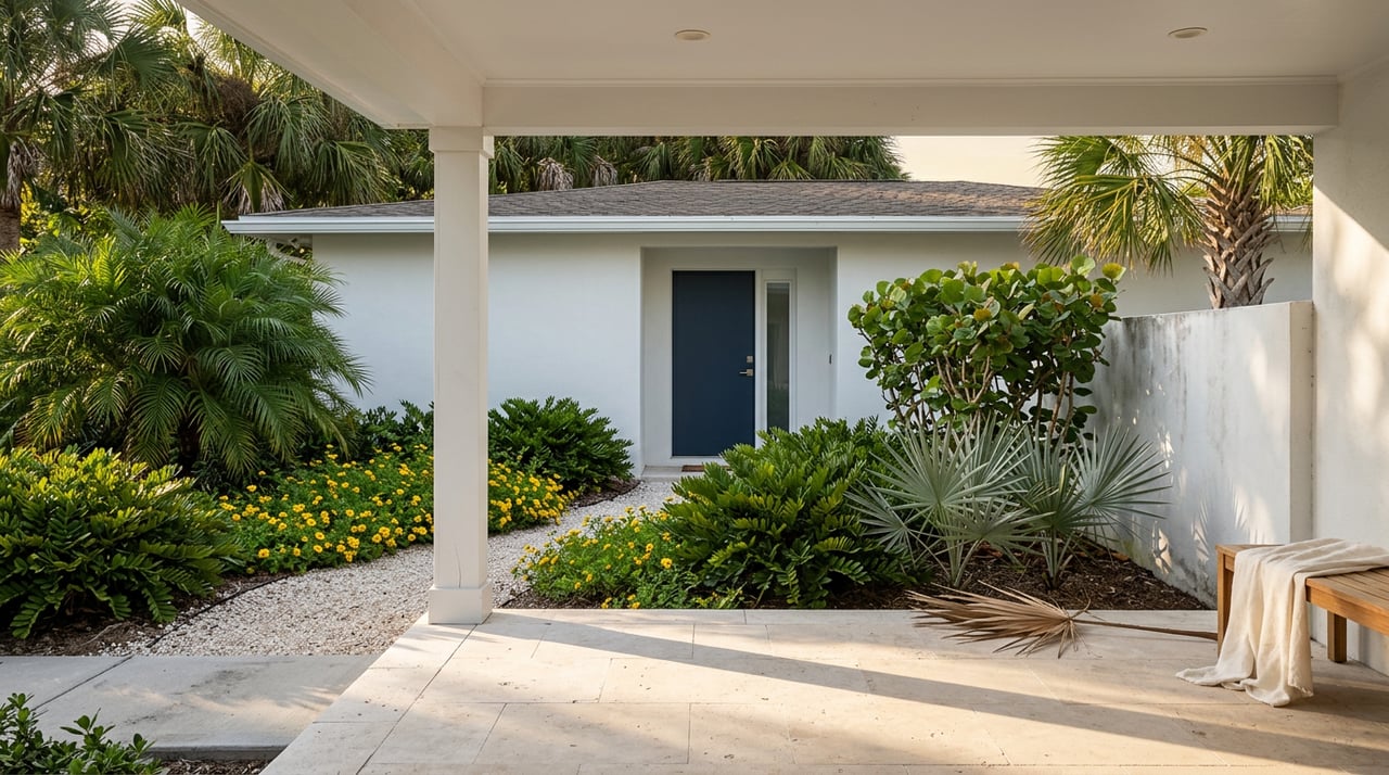 White coastal cottage porch with a navy door, shell path, palms, and dense tropical planting.