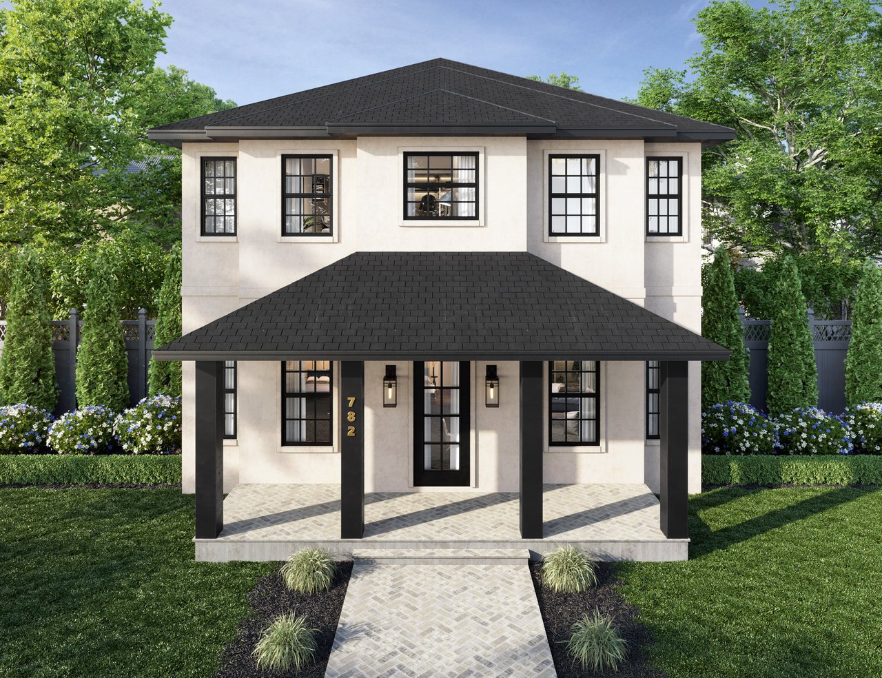 Front exterior of a new construction home in Historic Kenwood, St. Petersburg, Florida – modern design with Craftsman touches