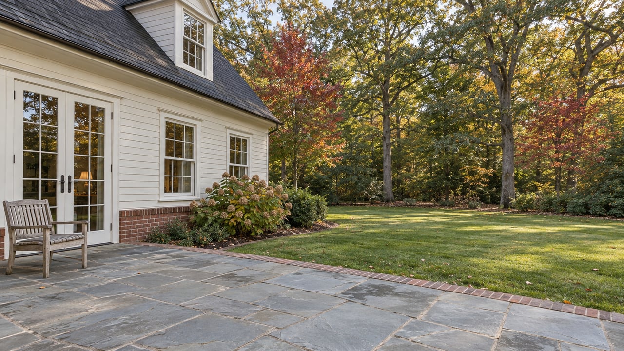 Flagstone terrace beside an ivory clapboard home overlooking a deep lawn and mature trees with early autumn foliage.