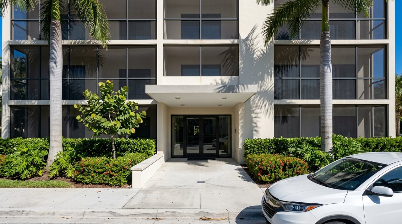 Condo entry with a grid-screened balcony, stucco walls, and limestone pavers.