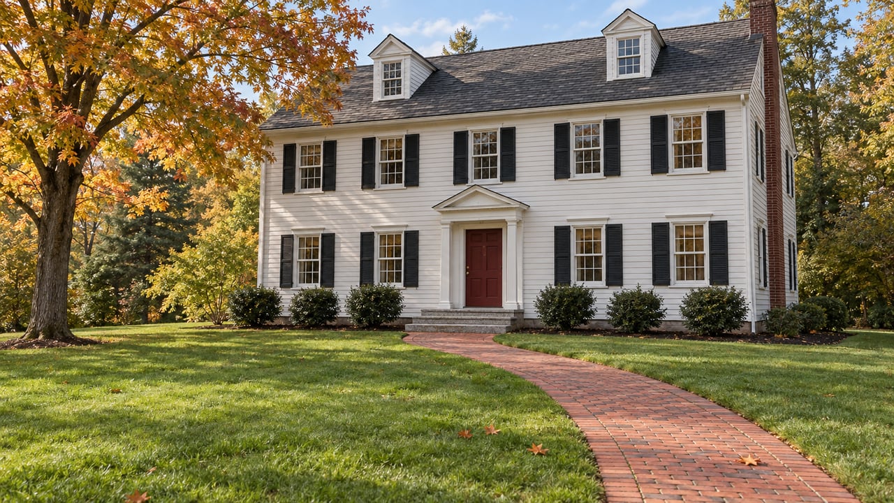 White clapboard home with black shutters, granite entry steps and a brick walk across a broad autumn lawn beside a copper-leaved sugar maple.