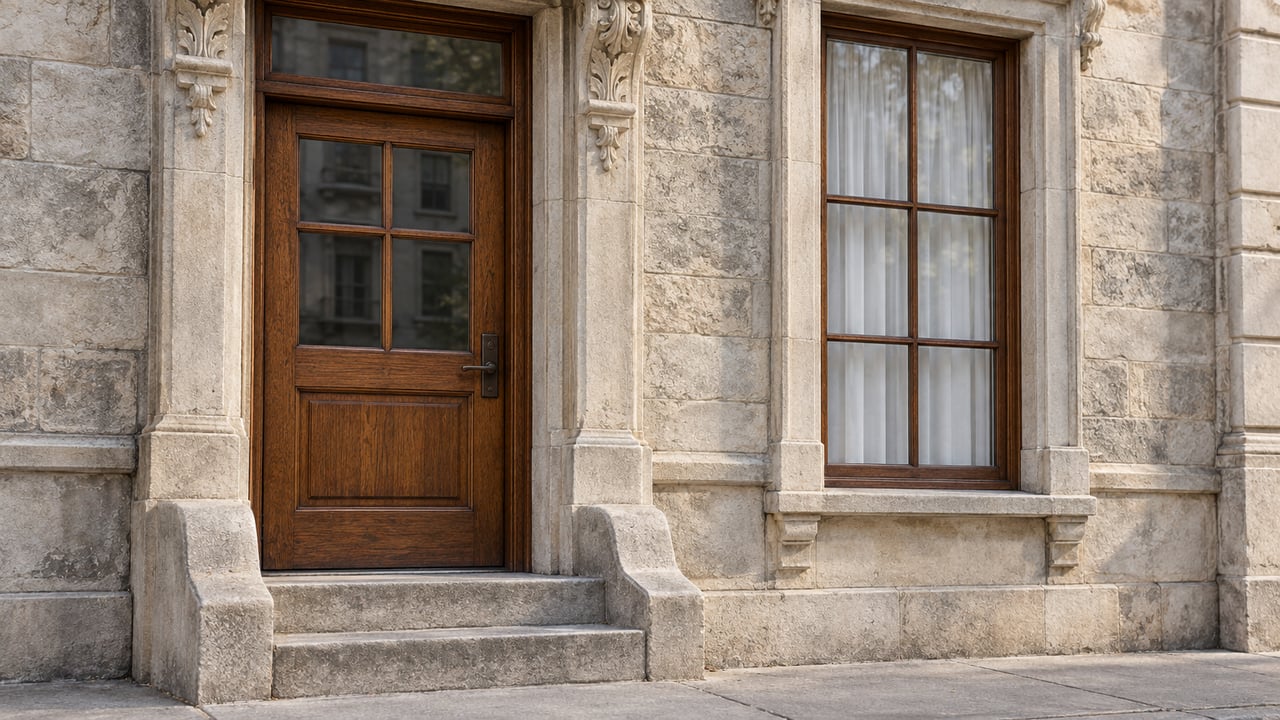 Carved limestone residential entrance with a glazed oak door, bronze handle, closed divided-light window and worn stone steps.