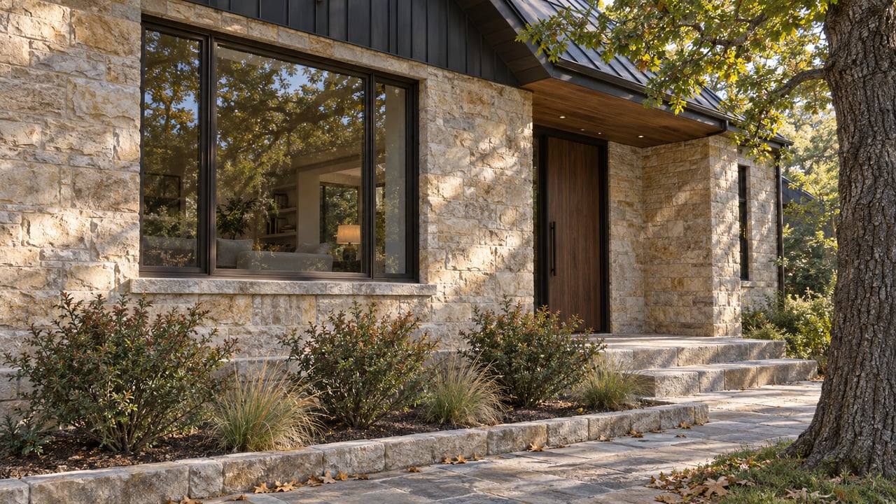 Buff stone house facade with a dark-framed window, walnut door, oak canopy, and shrubs.