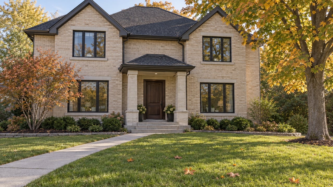 Buff-brick two-storey home with dark gabled roof, a central covered entrance and a deep autumn lawn.