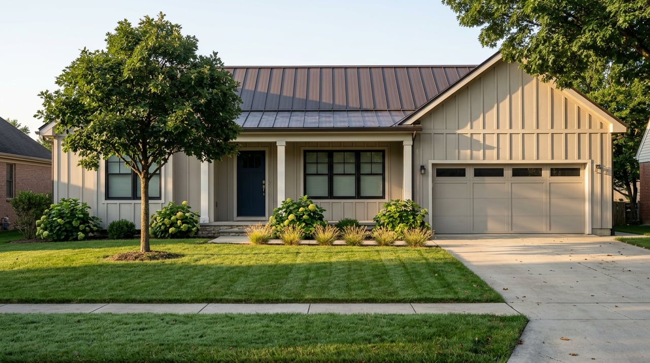 Greige ranch home with a bronze metal roof, navy front door, stone base, and mature oak beside the lawn.