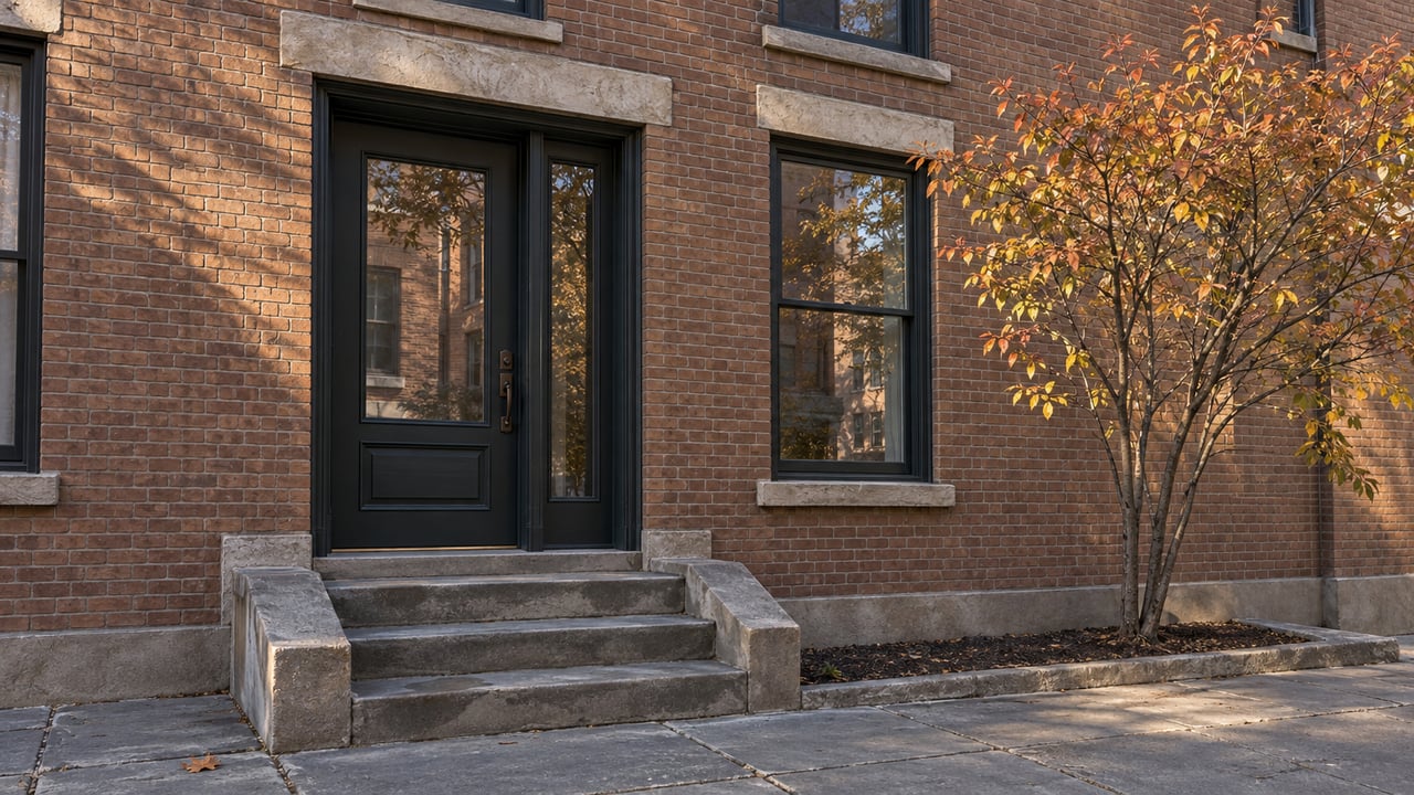 Brick rowhouse entrance with a glazed door, stone stoop, sash windows, and a small tree with autumn leaves.