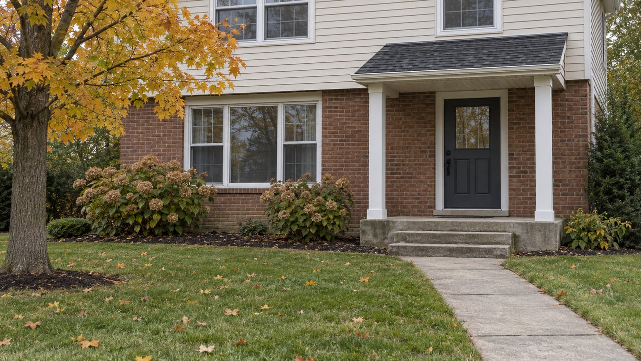 Brick and cream-sided two-story home with a covered entry, concrete approach, autumn maple, and a deep front lawn.