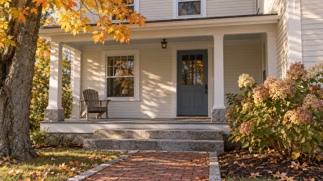 Morning light on an ivory clapboard home's covered porch, slate-blue door, granite steps and autumn hydrangea.