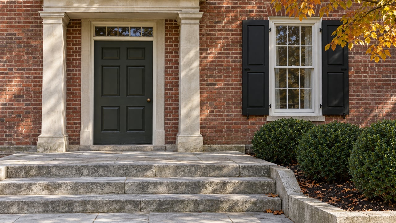 Red brick entry with limestone pilasters, a dark olive paneled door, black shutters and worn limestone steps under autumn beech leaves.