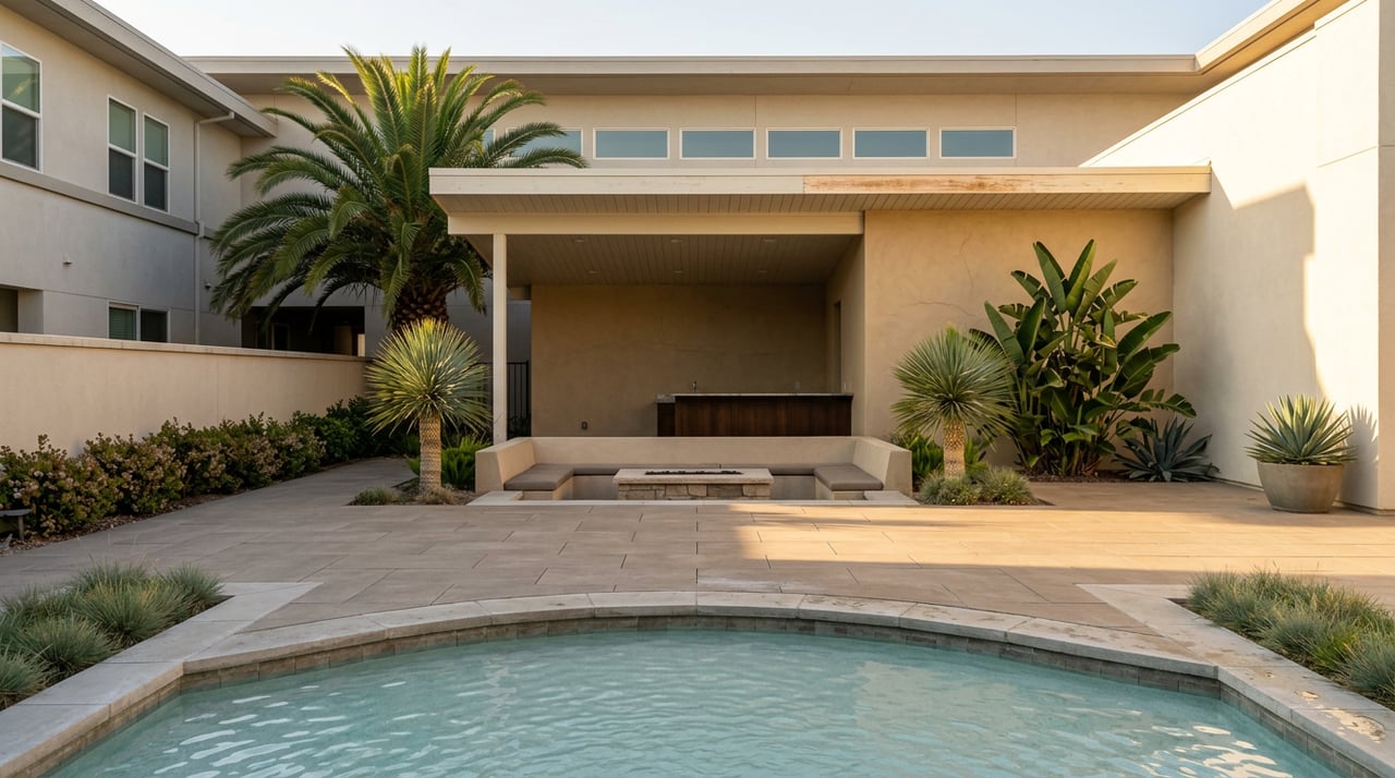 Enclosed courtyard pool with a curved beach-entry edge, cabana lounge, fire table, and sculptural desert plants.