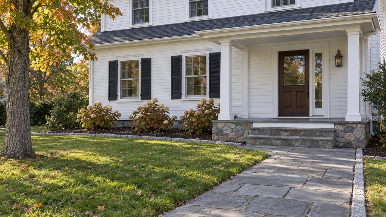 White clapboard home with a raised porch, fieldstone foundation and broad bluestone approach beside an autumn lawn.