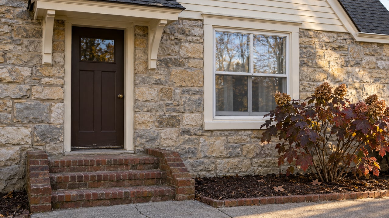 Weathered limestone cottage entry with brick steps, a white sash window and burgundy oakleaf hydrangea in late-afternoon light.