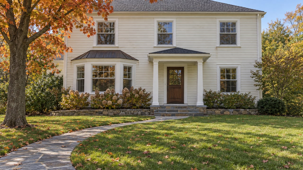 Cream clapboard house with a copper-capped bay window, stone entry path, deep front lawn, and early-autumn red maple.