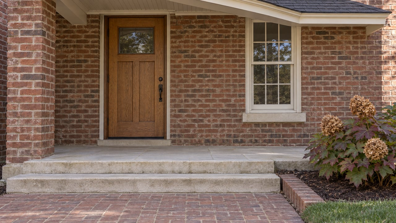A sunlit brick home's covered oak entrance, ivory sash window and limestone steps beside an oakleaf hydrangea.