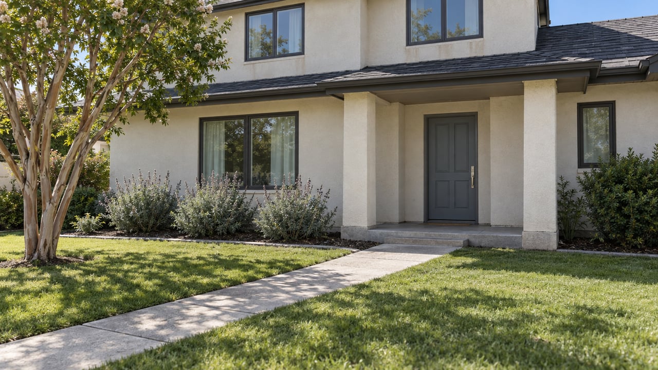 A two-story stucco home with a gray-blue front door, concrete approach, broad lawn and a sculptural flowering tree in clear daylight.