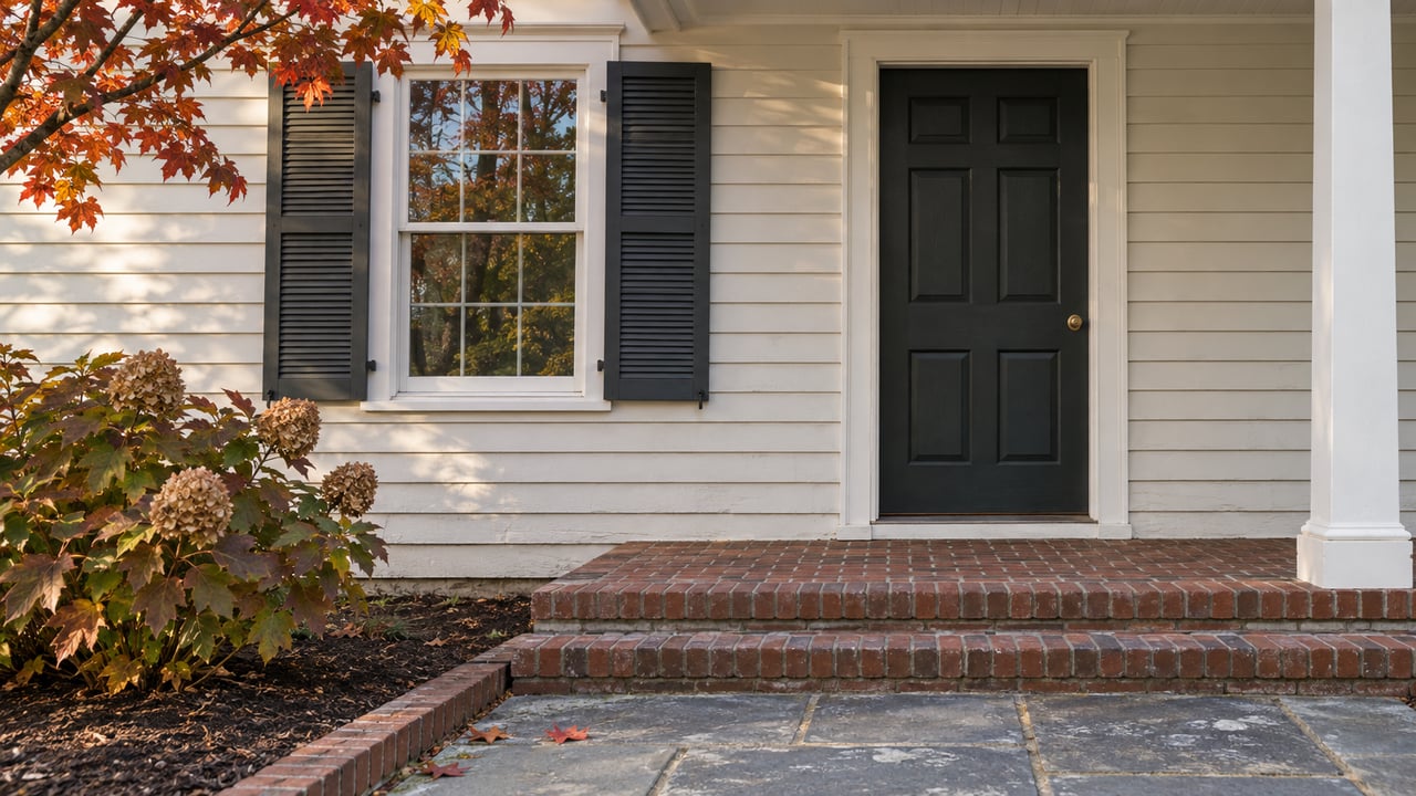 Autumn leaves frame an ivory-sided home’s dark front door, shuttered window, and worn brick steps.