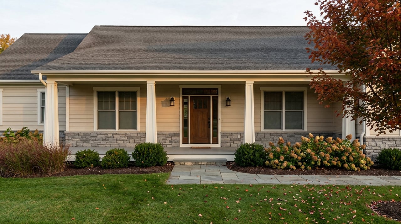 Craftsman farmhouse with a covered porch, curving stone walkway, and red-orange maple in the lawn.