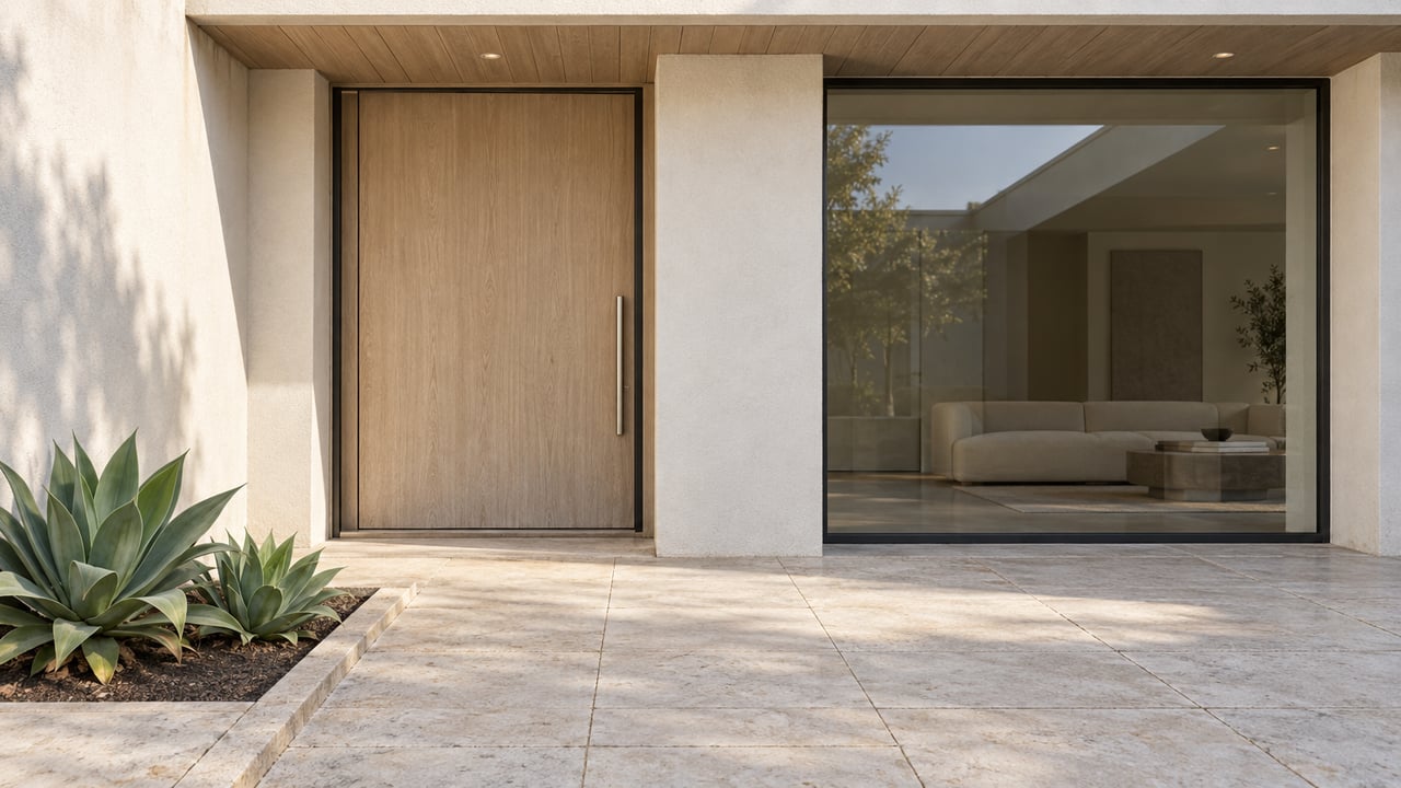 Pale wood entrance door and tall closed glazing beneath a broad roof projection, with limestone paving and two sculptural agaves.