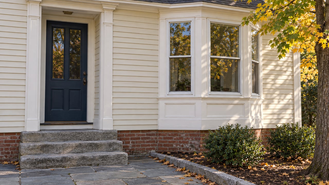 Cream clapboard house with a dark-blue entry, three-sided bay window, brick foundation, and granite steps.
