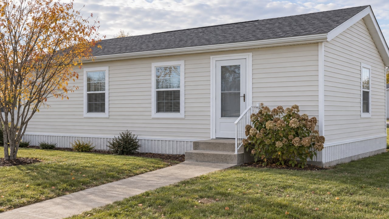 Off-white manufactured home with a glazed entry, two windows, skirting, concrete steps, and a small lawn.