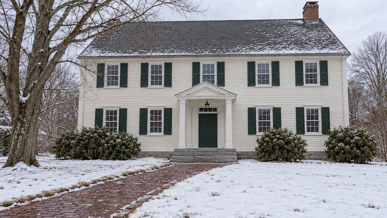 Ivory clapboard home with green shutters, a covered front entry and a cleared brick walk through a lightly snow-covered yard.