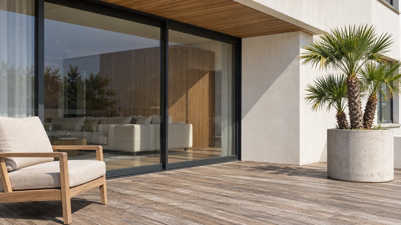 Sunlit condominium terrace with weathered wood decking, white stucco, closed black-framed glazing and a single fan palm in a concrete planter.